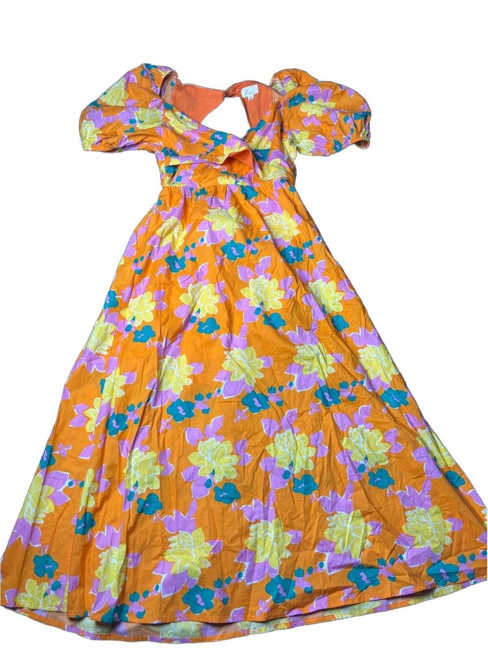 Lena Women's Knee-Length Puff Sleeve Dress in Orange Floral - Picture 3 of 10
